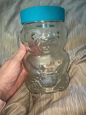 SKIPPY Peanut Butter Bear Jar with Teal Screw Lid/VINTAGE